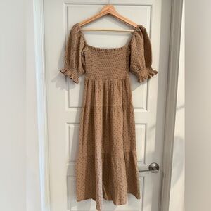 Cotton Gauze Puff Sleeve Smocked Polka Dot Midi Dress XS / Small